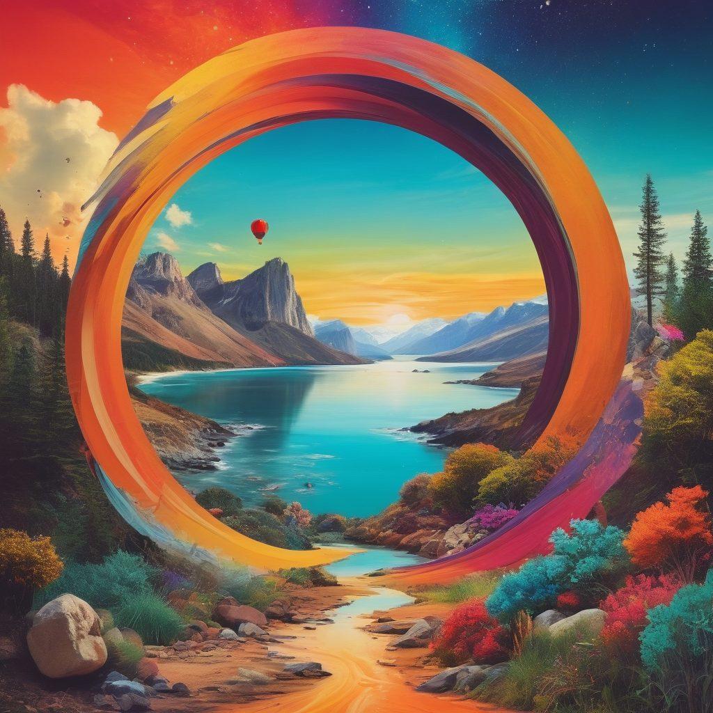 A vibrant and whimsical collage of transformed photographs showcasing a journey from ordinary to extraordinary. Incorporate elements like dynamic colors, swirling shapes, and dreamlike landscapes to illustrate visual storytelling. Include creative tools such as paintbrushes and digital devices around the photos, symbolizing the process of transformation. The background should be lively and inspiring, evoking a sense of creativity. colorful collage art. vibrant colors. surreal elements.