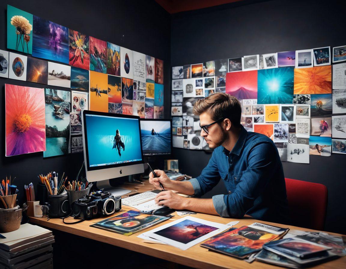 A captivating scene showcasing a photographer in action, skillfully enhancing a vibrant photograph on a computer, surrounded by dynamic visual storytelling elements such as colorful overlays, expressive graphics, and storytelling symbols like film reels and paintbrushes. The background is filled with inspiration boards and creative tools, reflecting the artistic process. The overall atmosphere radiates creativity and passion for photography. super-realistic. vibrant colors. 3D.